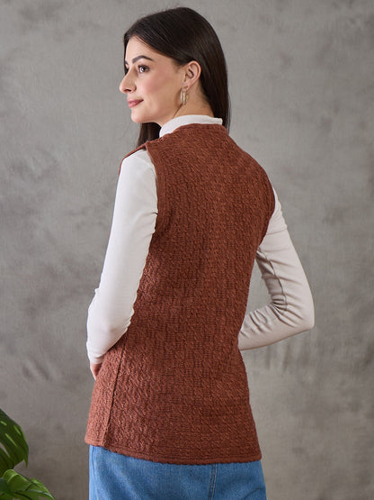 Clapton Women’s  Woolen Sleeveless Sweater with Floral Embroidery Brown