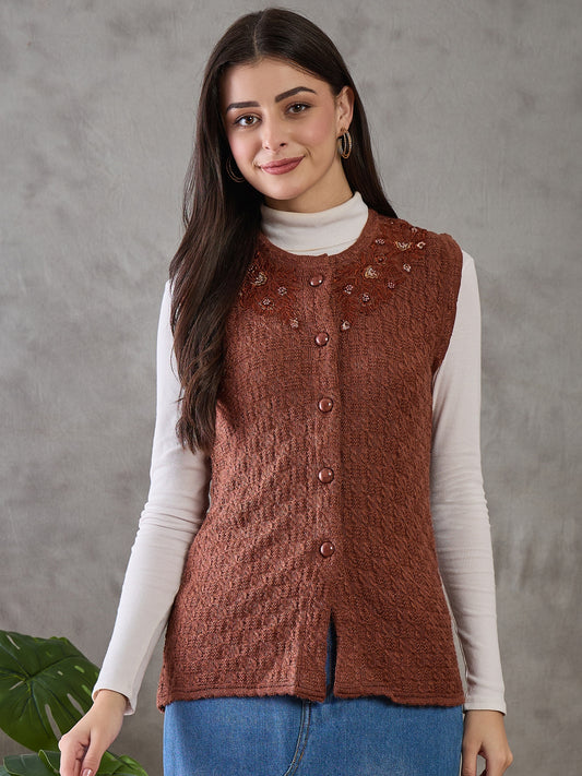 Clapton Women’s  Woolen Sleeveless Sweater with Floral Embroidery Brown