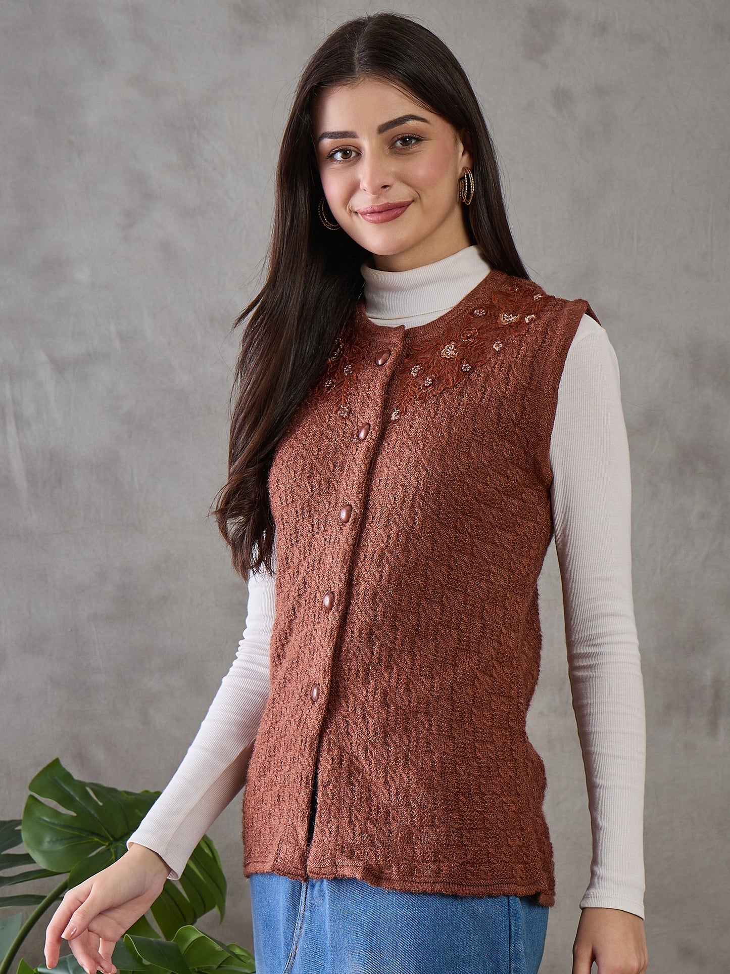 Clapton Women’s  Woolen Sleeveless Sweater with Floral Embroidery Brown