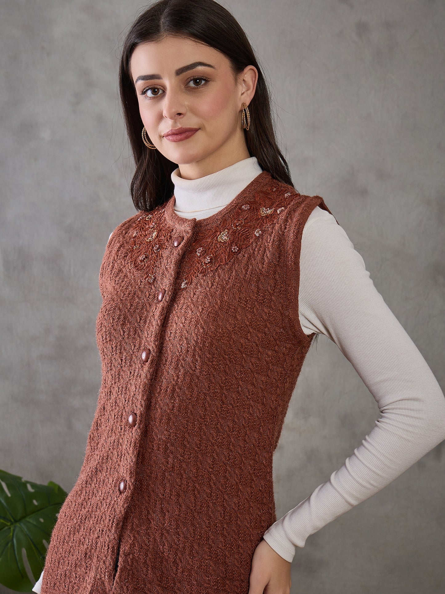 Clapton Women’s  Woolen Sleeveless Sweater with Floral Embroidery Brown