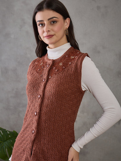 Clapton Women’s  Woolen Sleeveless Sweater with Floral Embroidery Brown
