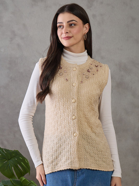 Clapton Women’s  Woolen Sleeveless Sweater with Floral Embroidery Camel