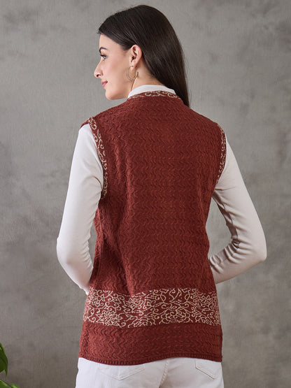 Clapton Women’s  Woolen Sleeveless Sweater with Floral Embroidery Brown