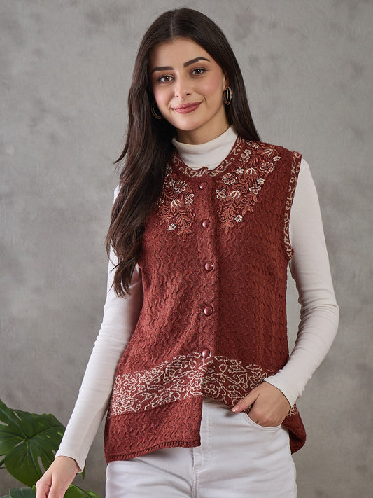Clapton Women’s  Woolen Sleeveless Sweater with Floral Embroidery Brown