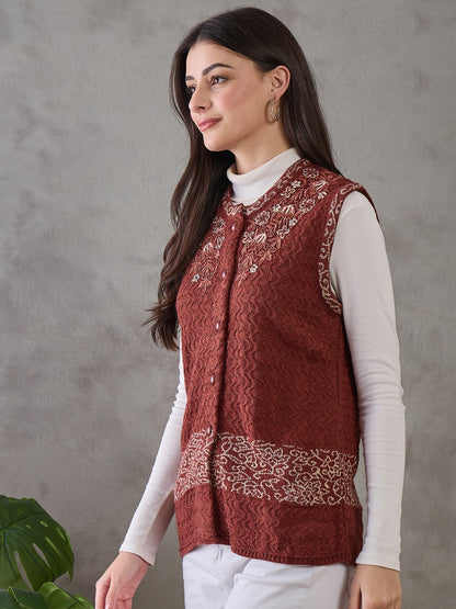 Clapton Women’s  Woolen Sleeveless Sweater with Floral Embroidery Brown