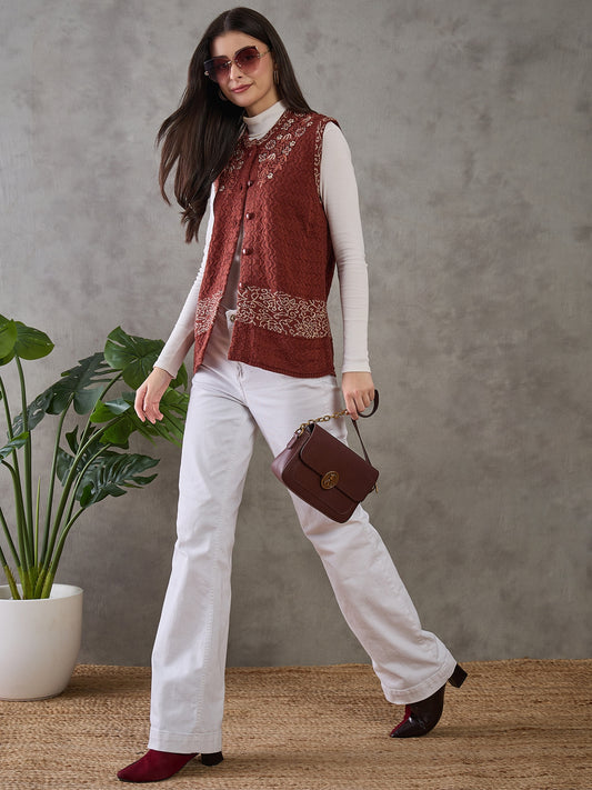 Clapton Women’s  Woolen Sleeveless Sweater with Floral Embroidery Brown