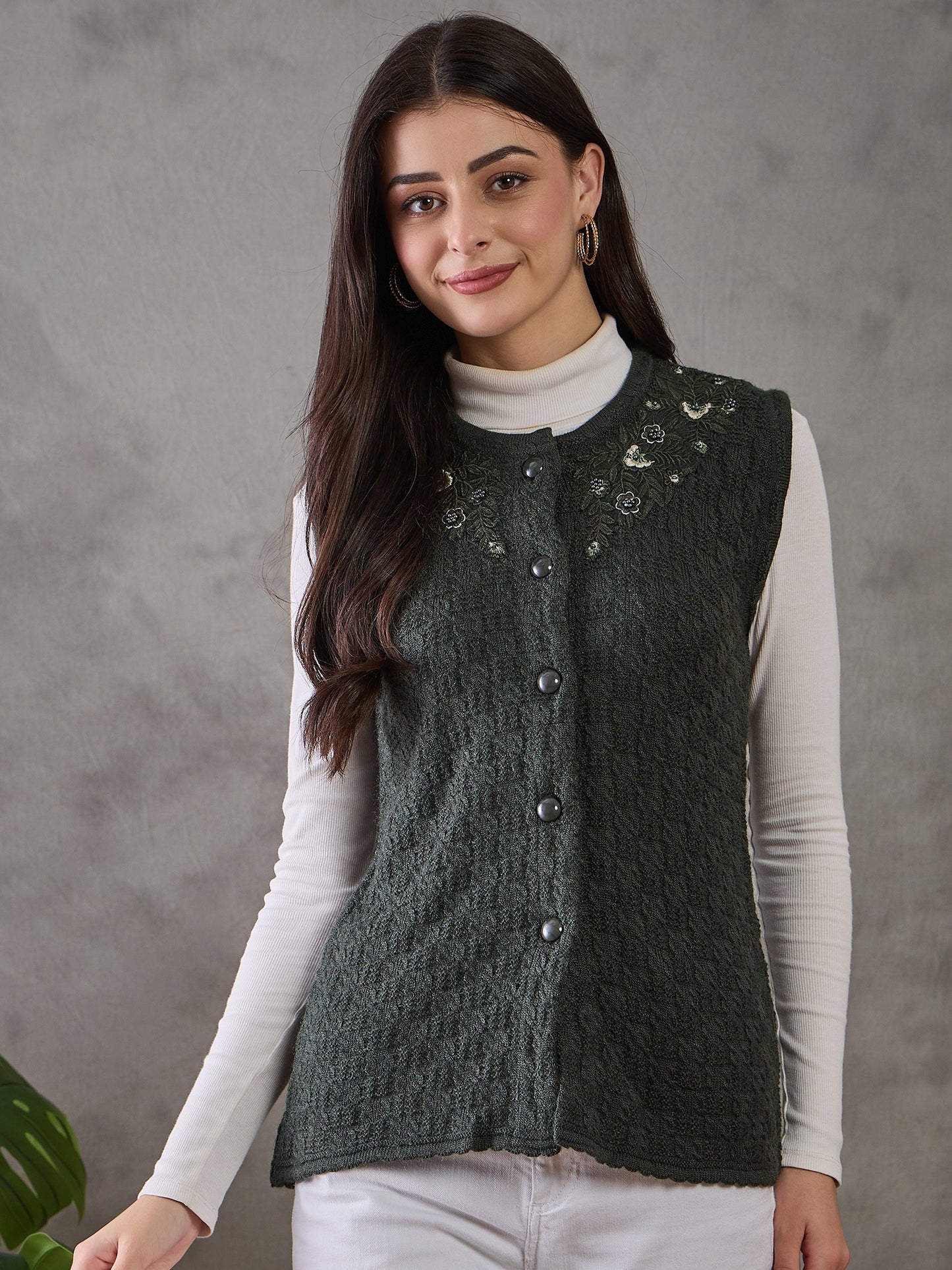 Clapton Women’s  Woolen Sleeveless Sweater with Floral Embroidery Green