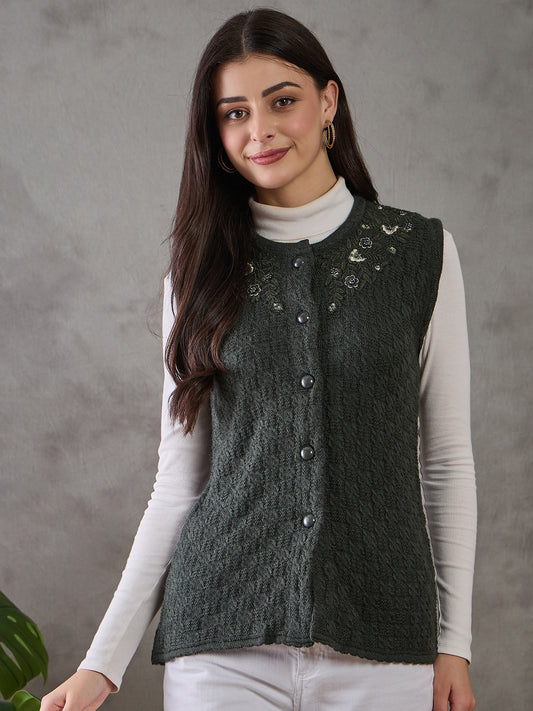 Clapton Women’s  Woolen Sleeveless Sweater with Floral Embroidery Green