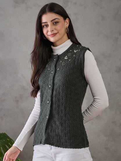 Clapton Women’s  Woolen Sleeveless Sweater with Floral Embroidery Green