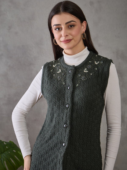 Clapton Women’s  Woolen Sleeveless Sweater with Floral Embroidery Green
