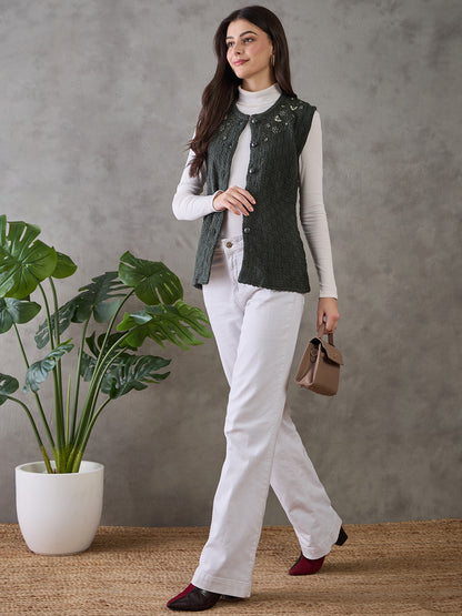 Clapton Women’s  Woolen Sleeveless Sweater with Floral Embroidery Green