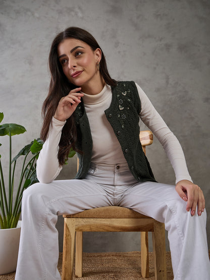Clapton Women’s  Woolen Sleeveless Sweater with Floral Embroidery Green