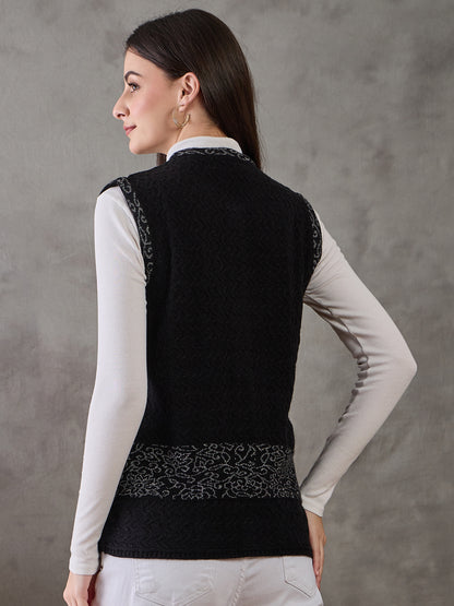 Clapton Women’s  Woolen Sleeveless Sweater with Floral Embroidery Black