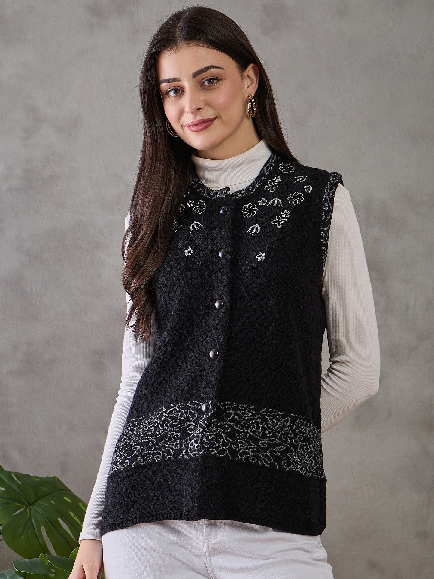 Clapton Women’s  Woolen Sleeveless Sweater with Floral Embroidery Black