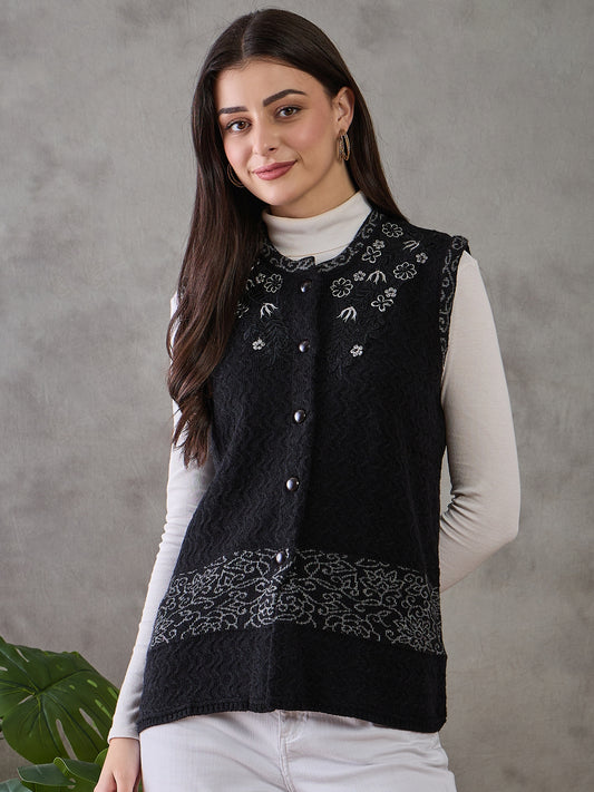 Clapton Women’s  Woolen Sleeveless Sweater with Floral Embroidery Black