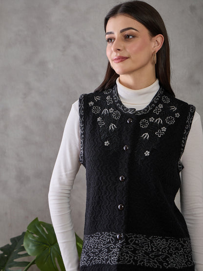 Clapton Women’s  Woolen Sleeveless Sweater with Floral Embroidery Black