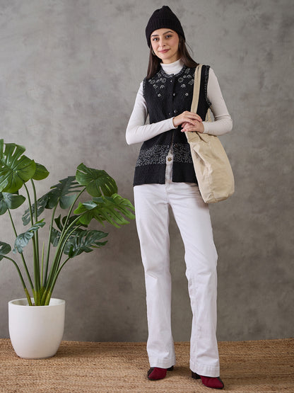 Clapton Women’s  Woolen Sleeveless Sweater with Floral Embroidery Black