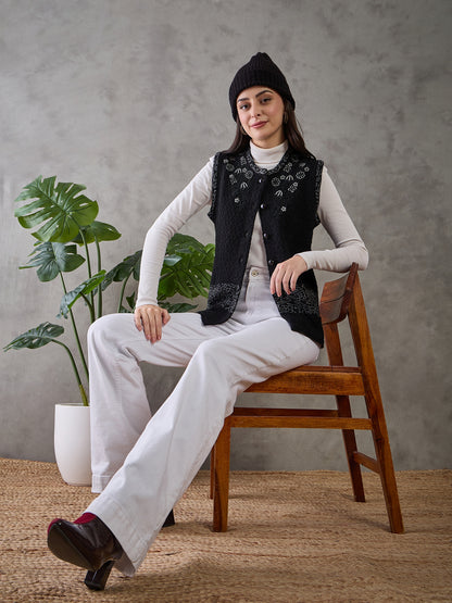 Clapton Women’s  Woolen Sleeveless Sweater with Floral Embroidery Black