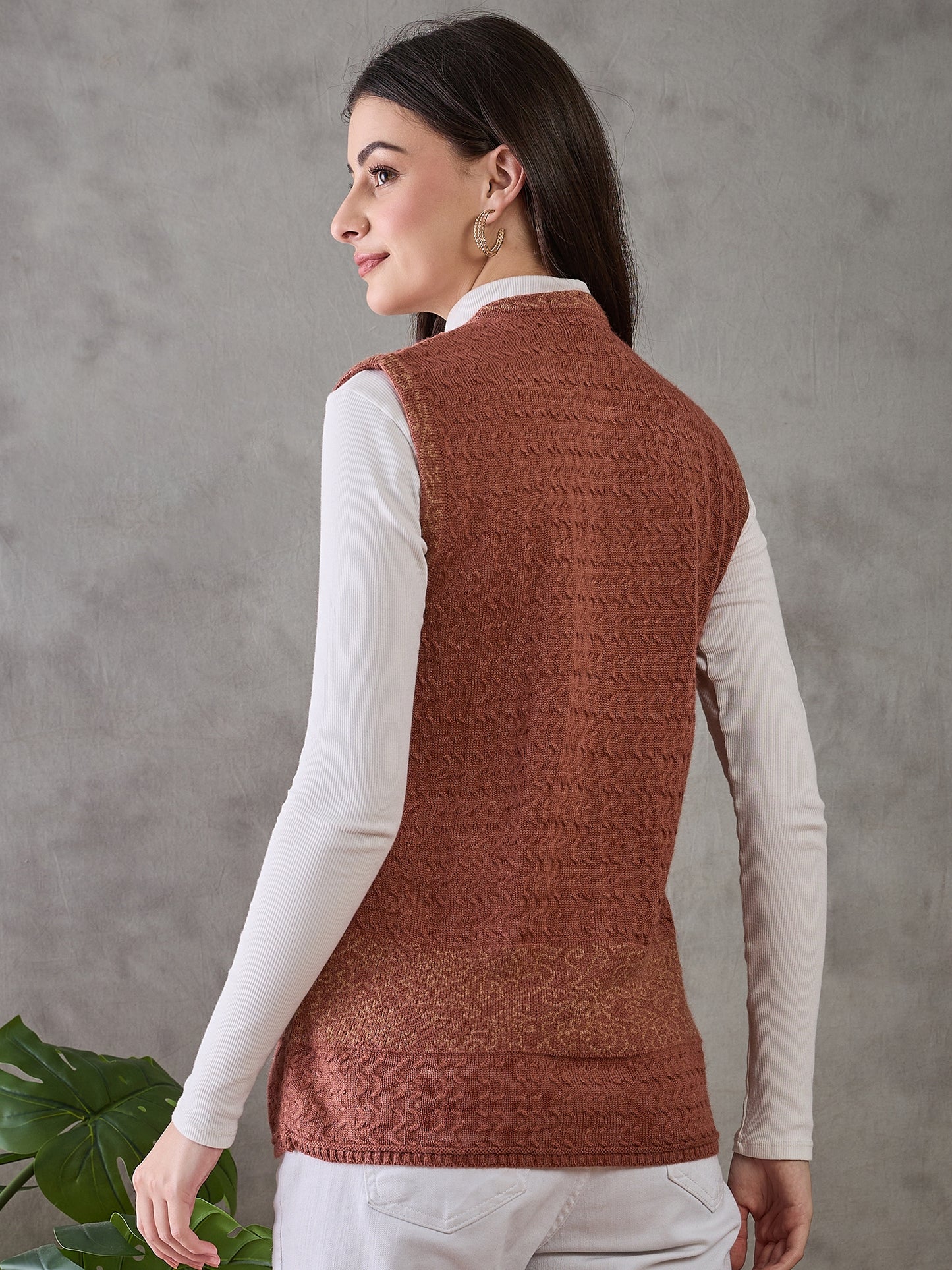 Clapton Women’s  Woolen Sleeveless Sweater with Floral Embroidery Rust
