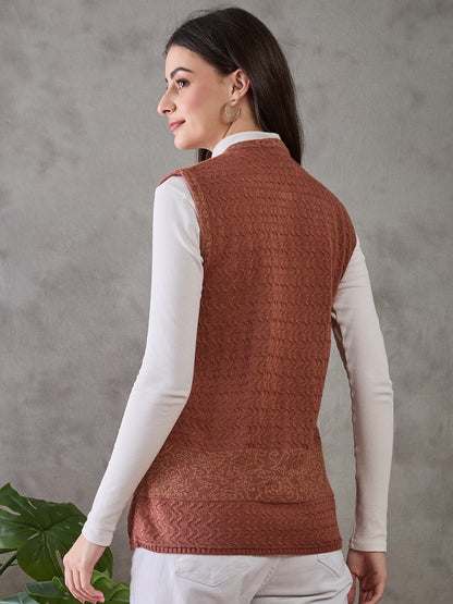 Clapton Women’s  Woolen Sleeveless Sweater with Floral Embroidery Rust