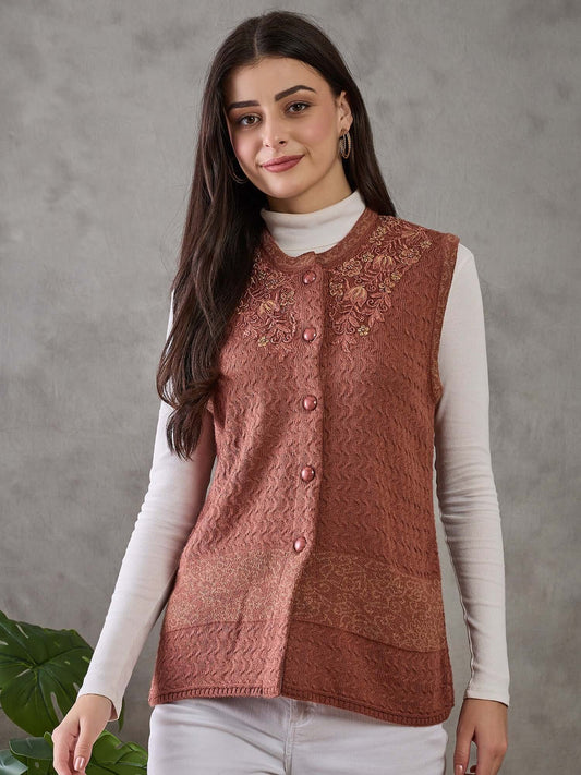 Clapton Women’s  Woolen Sleeveless Sweater with Floral Embroidery Rust