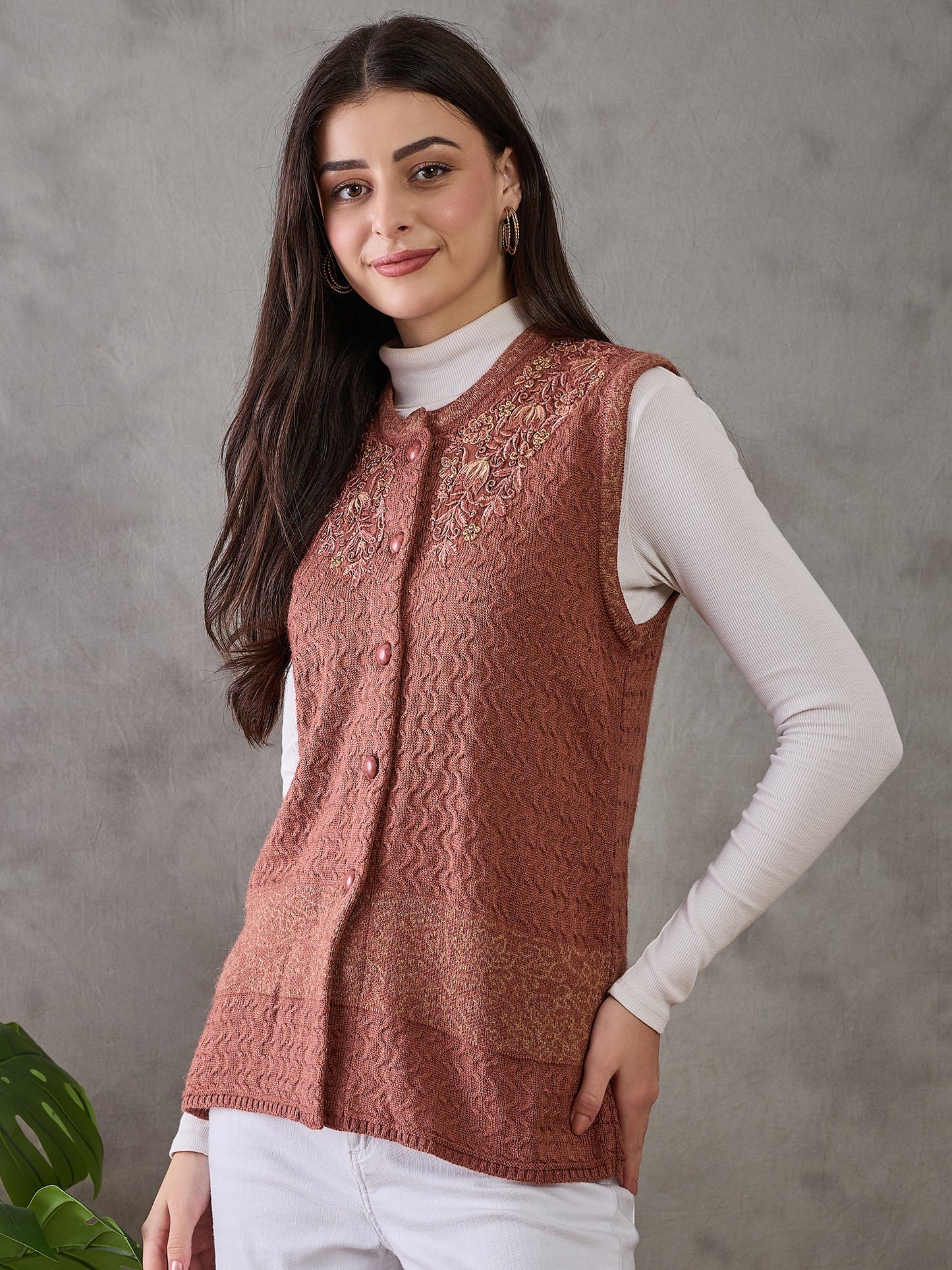 Clapton Women’s  Woolen Sleeveless Sweater with Floral Embroidery Rust