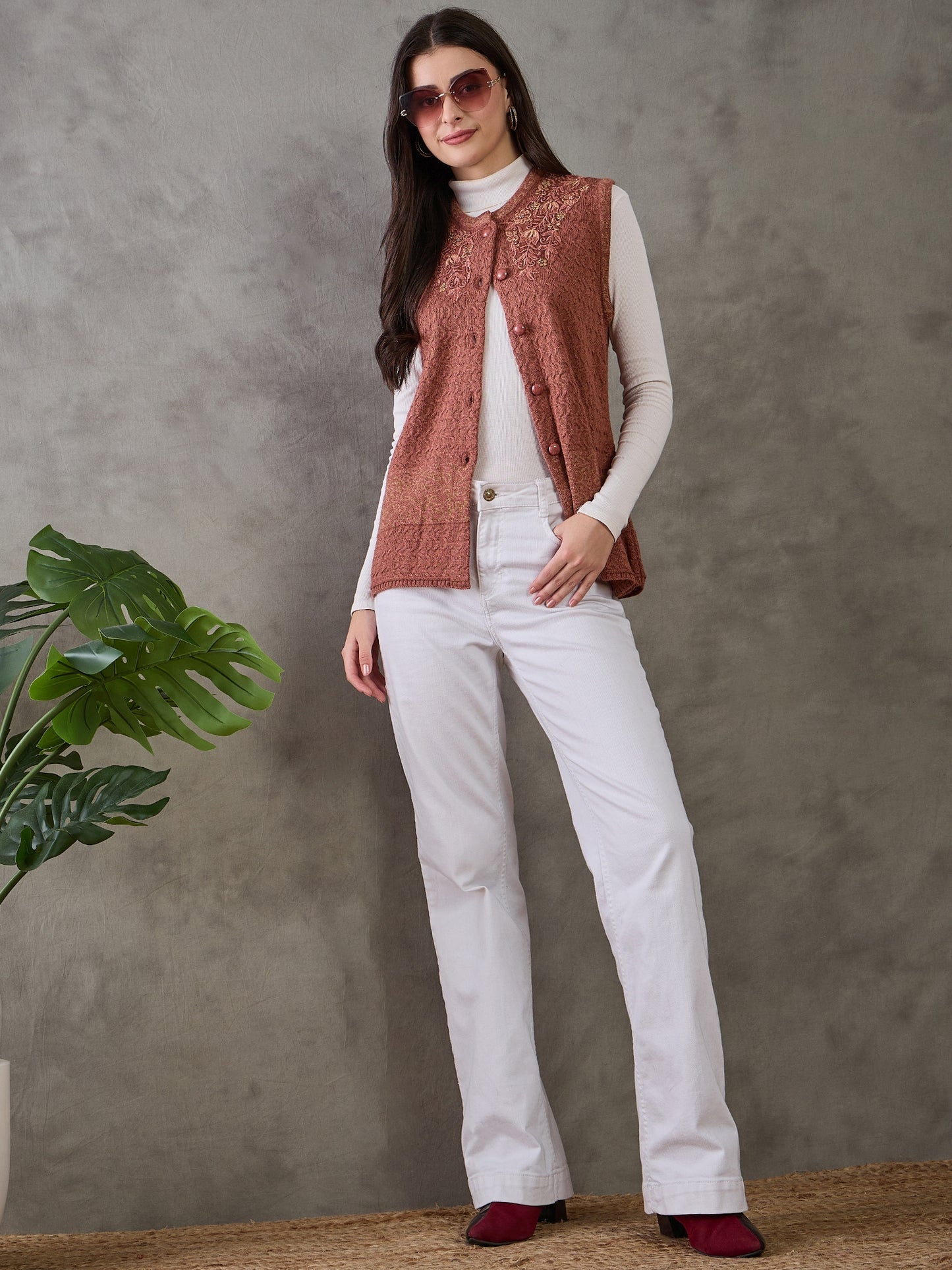 Clapton Women’s  Woolen Sleeveless Sweater with Floral Embroidery Rust