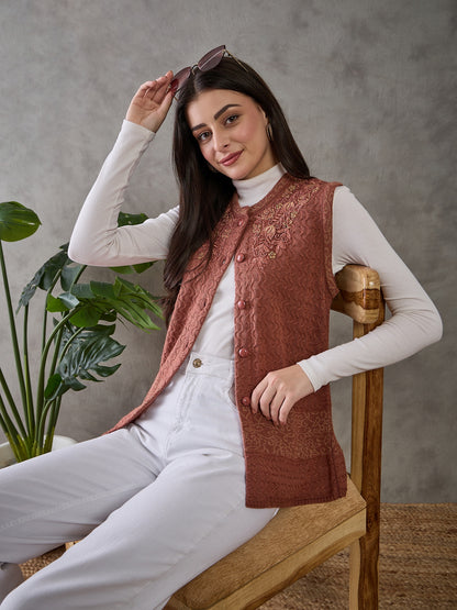 Clapton Women’s  Woolen Sleeveless Sweater with Floral Embroidery Rust