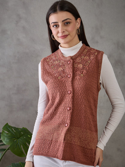 Clapton Women’s  Woolen Sleeveless Sweater with Floral Embroidery Rust