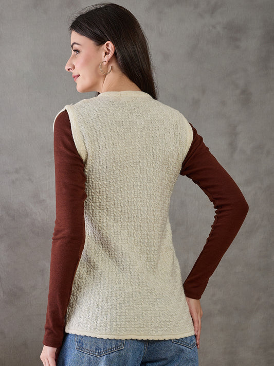 Clapton Women’s  Woolen Sleeveless Sweater with Floral Embroidery CREAM