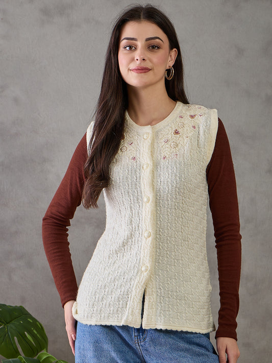Clapton Women’s  Woolen Sleeveless Sweater with Floral Embroidery CREAM
