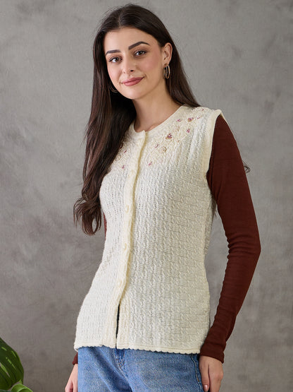 Clapton Women’s  Woolen Sleeveless Sweater with Floral Embroidery CREAM