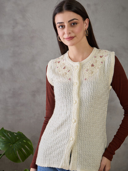 Clapton Women’s  Woolen Sleeveless Sweater with Floral Embroidery CREAM