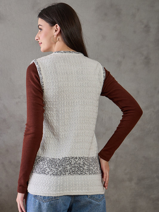 Clapton Women’s  Woolen Sleeveless Sweater with Floral Embroidery White