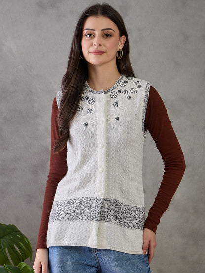 Clapton Women’s  Woolen Sleeveless Sweater with Floral Embroidery White