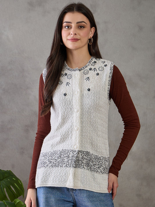 Clapton Women’s  Woolen Sleeveless Sweater with Floral Embroidery White