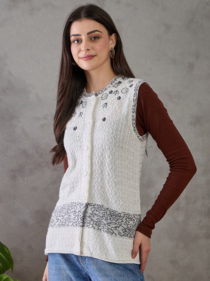 Clapton Women’s  Woolen Sleeveless Sweater with Floral Embroidery White