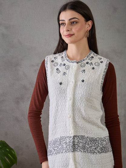 Clapton Women’s  Woolen Sleeveless Sweater with Floral Embroidery White