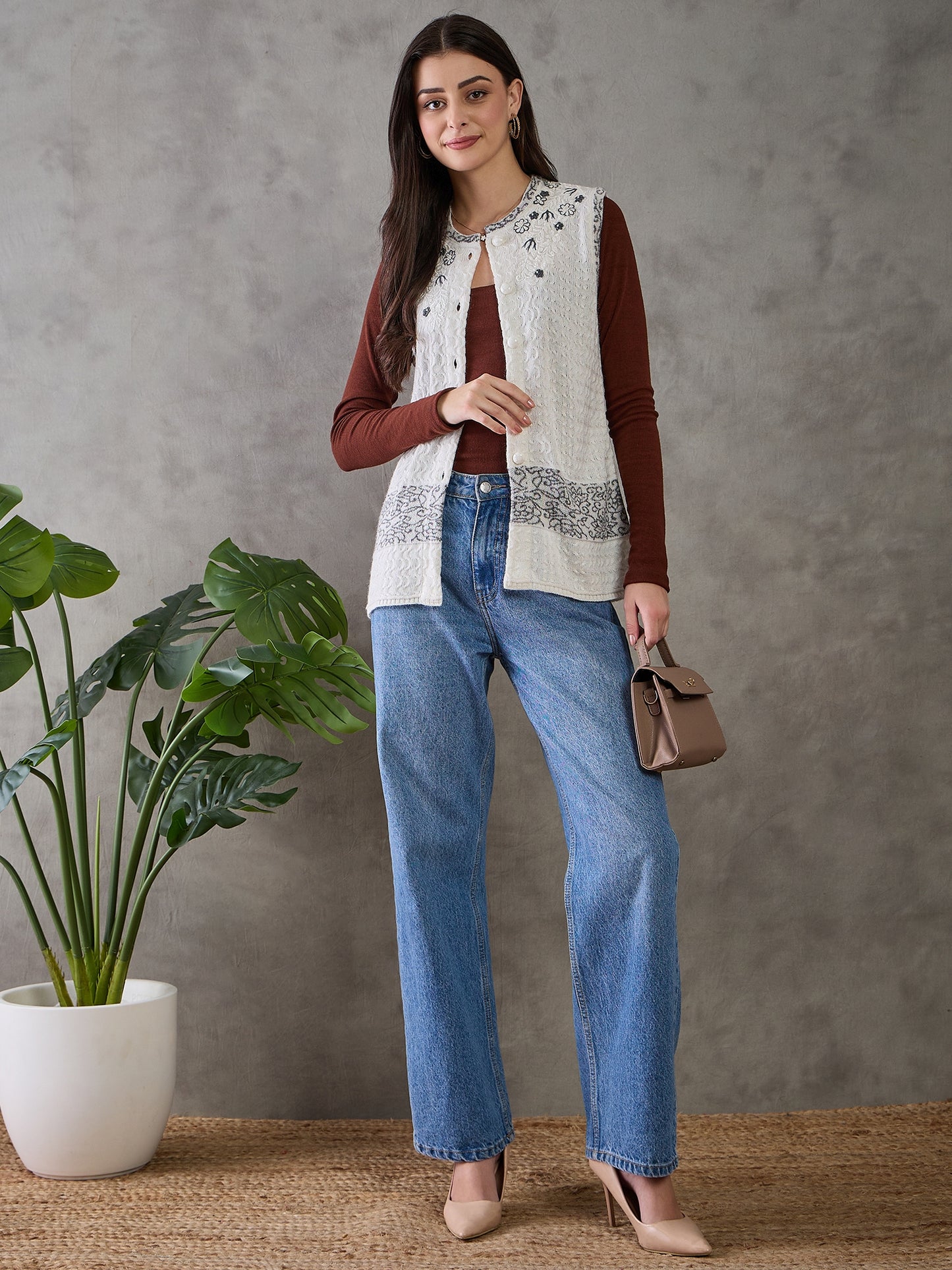 Clapton Women’s  Woolen Sleeveless Sweater with Floral Embroidery White