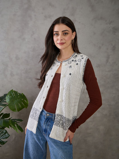 Clapton Women’s  Woolen Sleeveless Sweater with Floral Embroidery White