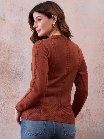 Women’s Floral Embroidered Button-Front Knit Cardigan Rust
