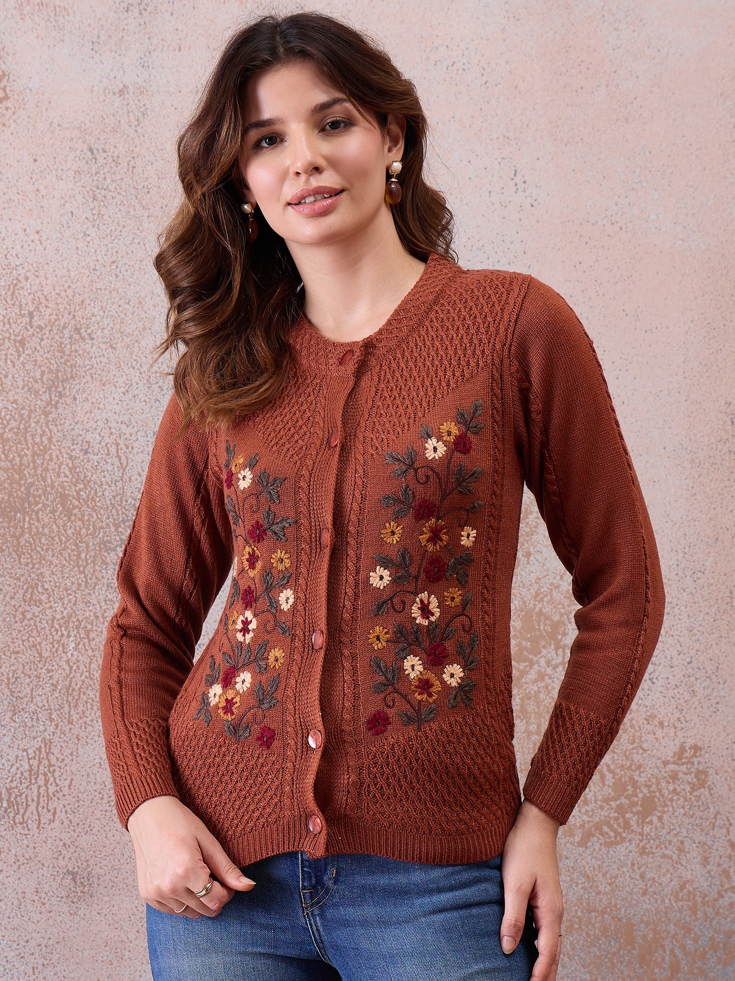 Women’s Floral Embroidered Button-Front Knit Cardigan Rust