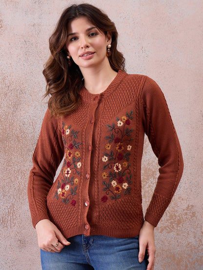 Women’s Floral Embroidered Button-Front Knit Cardigan Rust