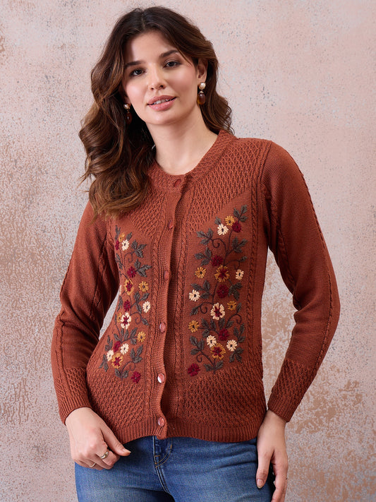 Women’s Floral Embroidered Button-Front Knit Cardigan Rust