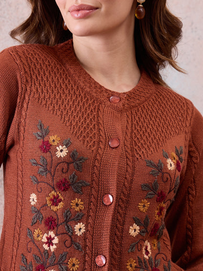 Women’s Floral Embroidered Button-Front Knit Cardigan Rust