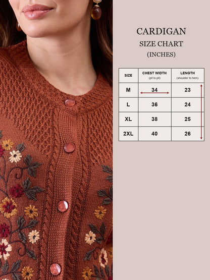 Women’s Floral Embroidered Button-Front Knit Cardigan Rust