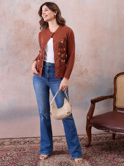 Women’s Floral Embroidered Button-Front Knit Cardigan Rust