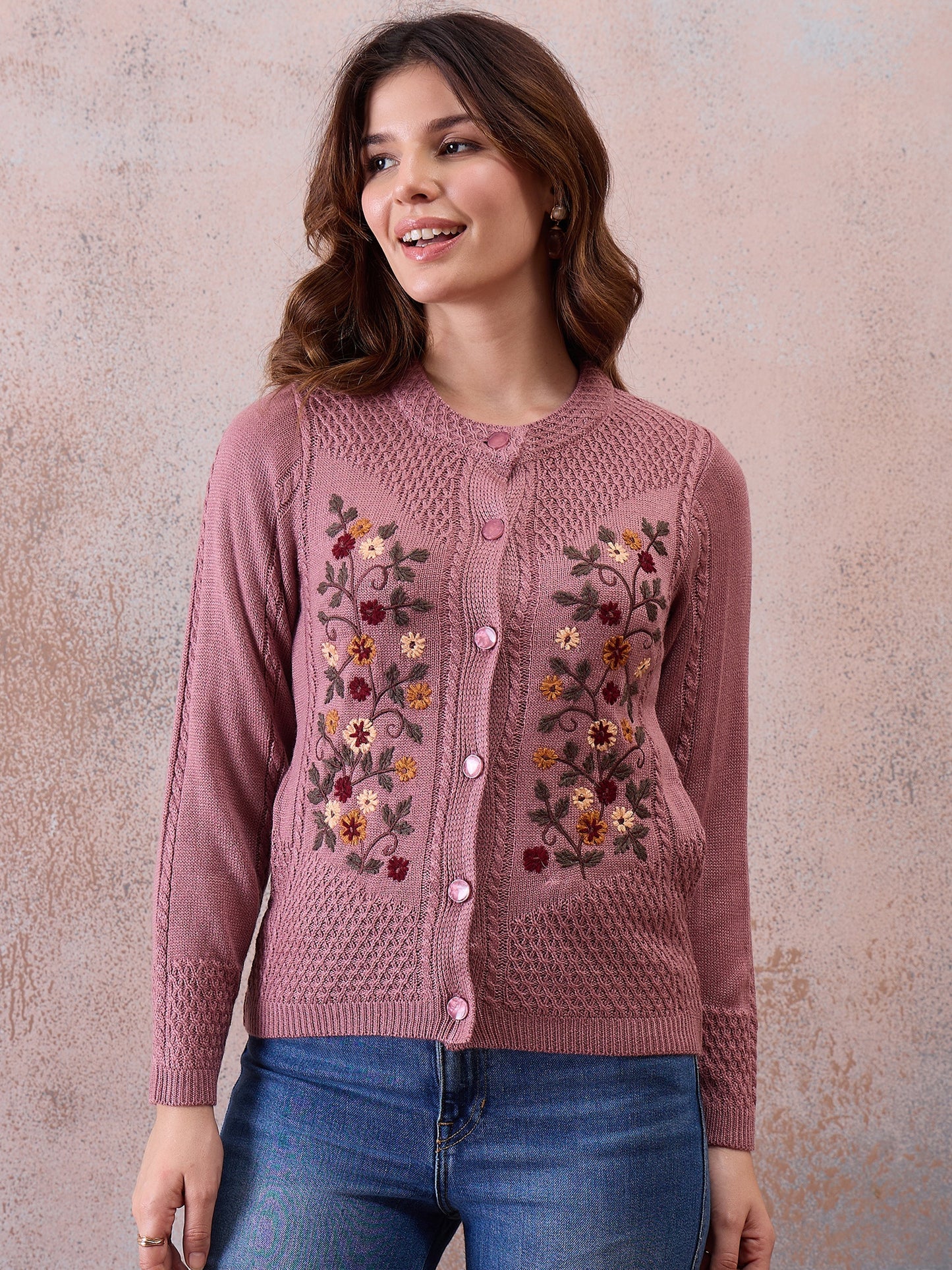 Women’s Floral Embroidered Button-Front Knit Cardigan Peach