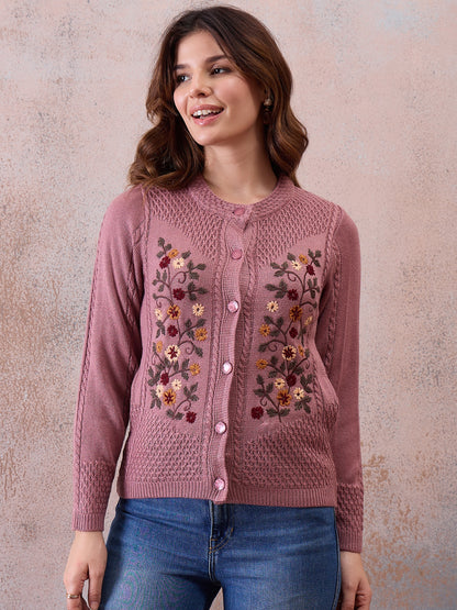 Women’s Floral Embroidered Button-Front Knit Cardigan Peach