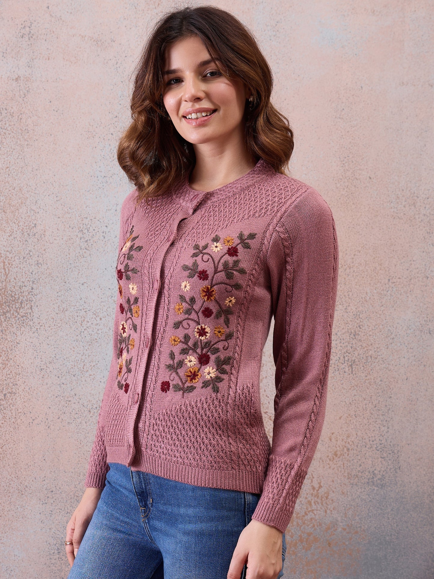 Women’s Floral Embroidered Button-Front Knit Cardigan Peach
